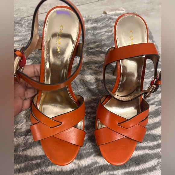 Coach heels leather size 7.5 papaya color open toe - Picture 7 of 13